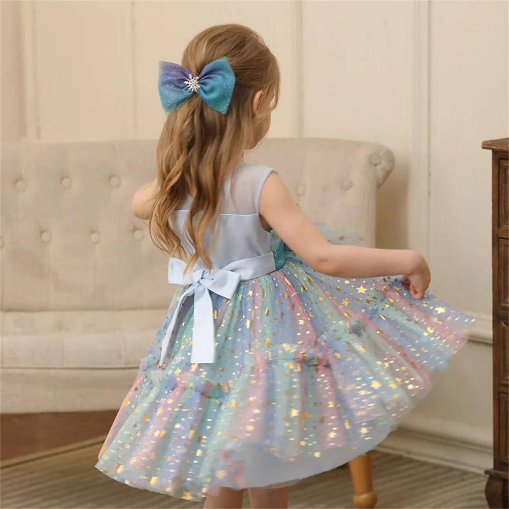 0-6 Years Baby Girl Sleeveless Colorful Mesh Dresses Kids Girl Purple Gown For Birthday Ceremony Party Children Bowknot Dress