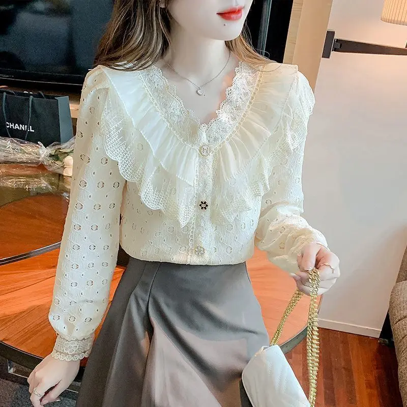 Women\'s Fashion Ruffles Embroidery Lace Hollow Out Button Up Shirt Fairy Sweet Chic Blouse Female Casual V Neck Long Sleeve Tops