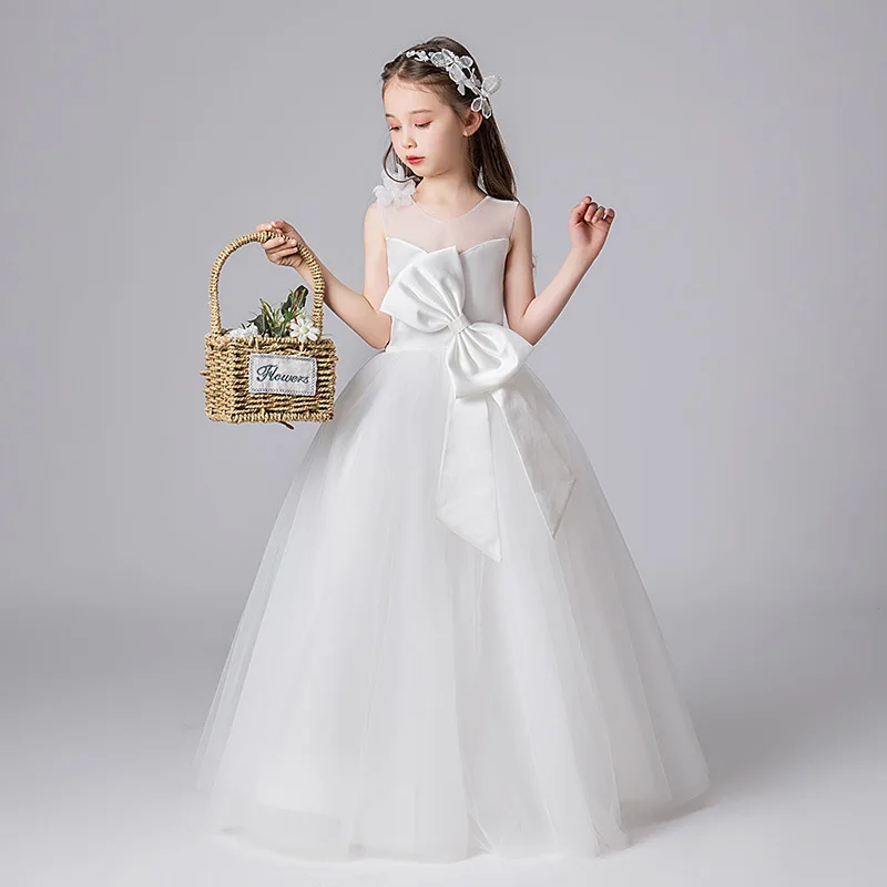 Girls' Host High-End Piano Performance Princess Children's Wedding Birthday Party Evening Gown White Simple Dress