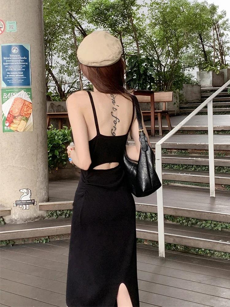 Sexy Hollowed-out Backless  Sleeveless Strap Slim Long Dress Beach  Streetwear Boho Y2K