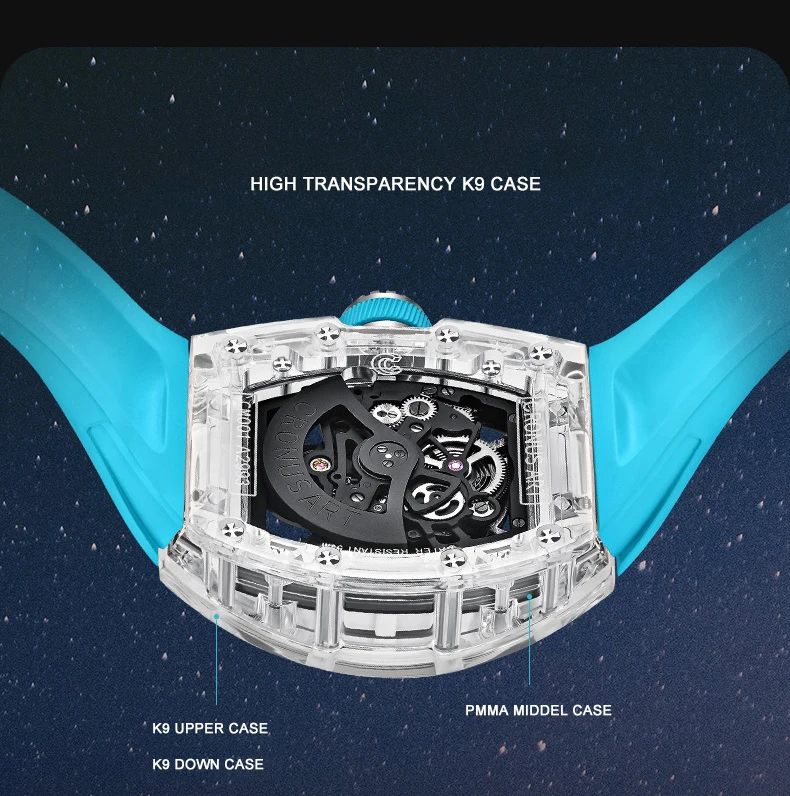 CRONUSART Orologio automatico da uomo Tonneau Orologio da polso meccanico Cassa in acrilico Scheletro Semicircolare Quadrante luminoso Cinturino in gomma fluorurata