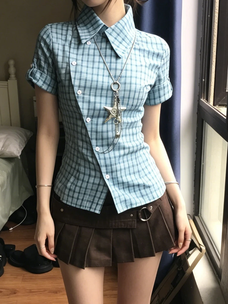 Genayooa Japanisches Y2k-Karohemd für Damen, schmal geschnittene Kurzarmbluse und Hemd, Streetwear, amerikanische Retro-Hemden im unregelmäßigen Vintage-Stil – Detail 8