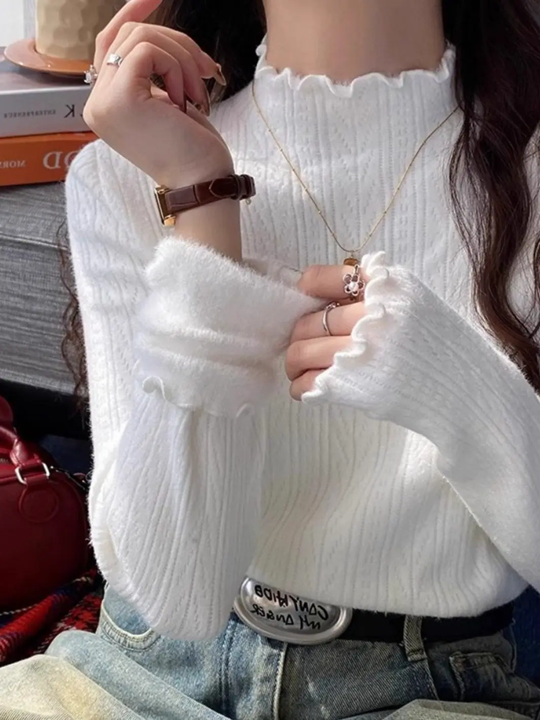 

Утепленный велюровый женский свитер с высоким воротником, вязаный, цельный, из полиэфирного волокна, для повседневной носки