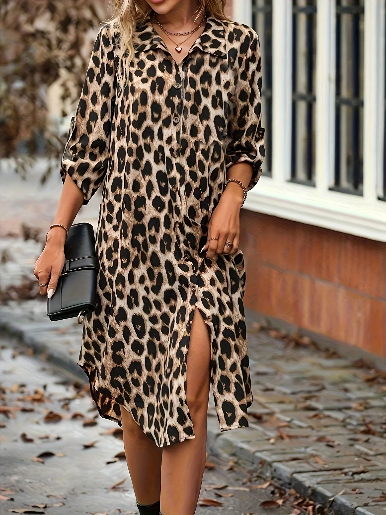 New Elegant Women\'s Summer Leopard Shirt Dress Casual Loose Turn Down Collar Mid Calf Straight Long Dresses