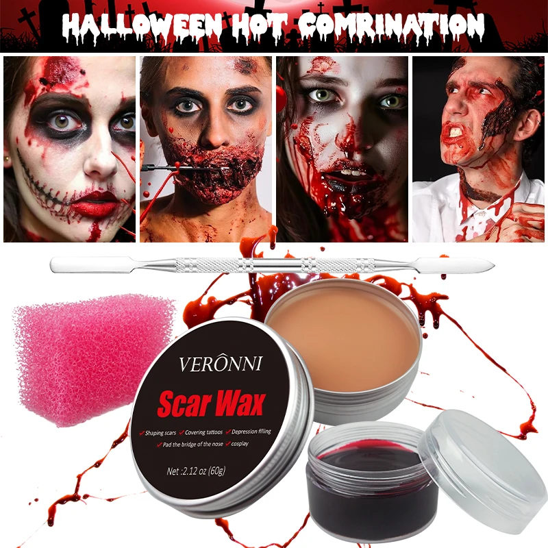 SFX Makeup Kit Scars Wax Halloween Special Effects Stage Fake Wound Skin Wax with Spatula Stipple Sponge Fake Wood Special