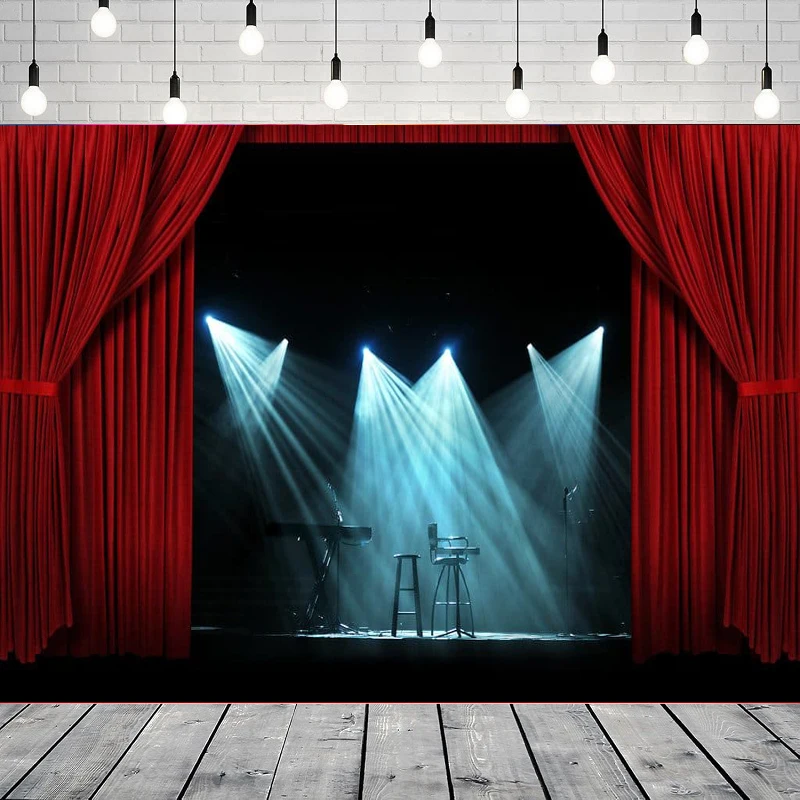 

Фон для фотосъемки с театральной сценой, красные шторы, интерьерные прожекторы, сценический деревянный пол, фестиваль, фон для вечеринки, стена