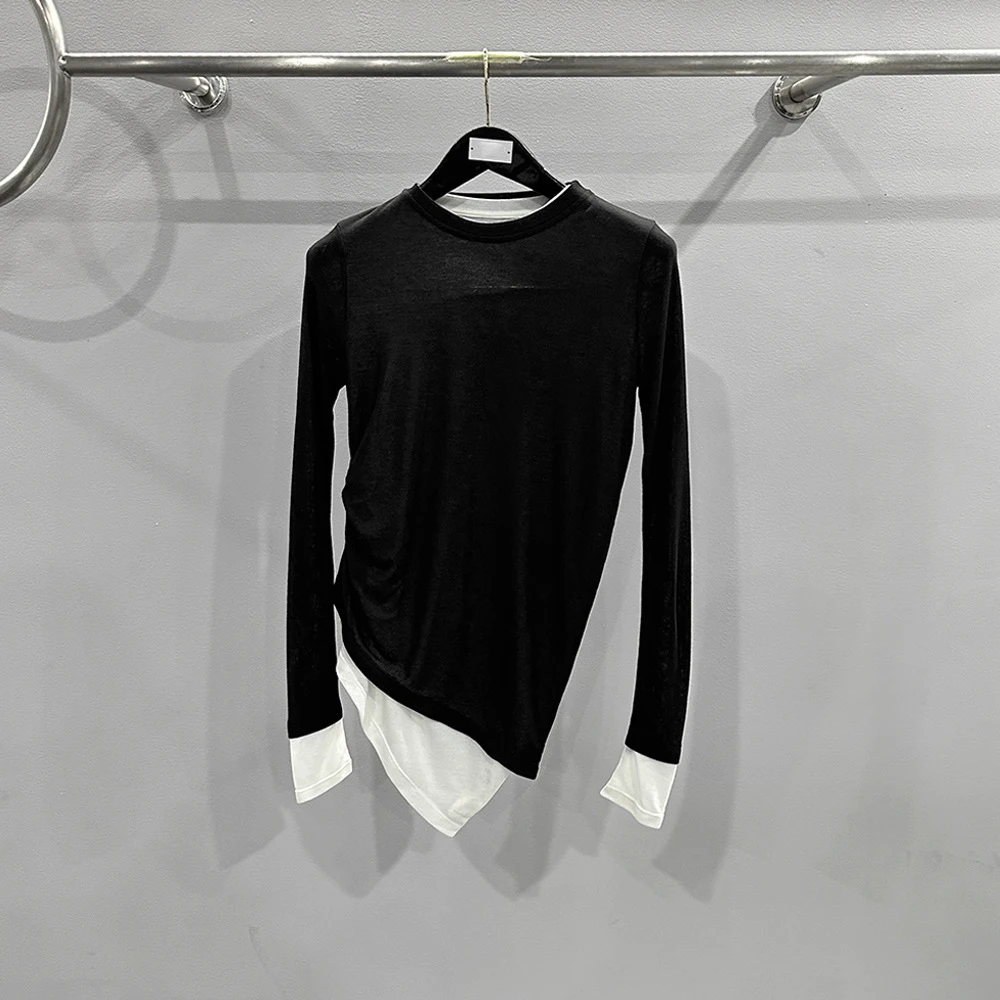 Cotton-Blend Contrast-Color Faux Two-Piece Women's T-Shirt Asymmetrical Pleated Round Neck Long-Sleeve T-Shirt Top 2026 Spring