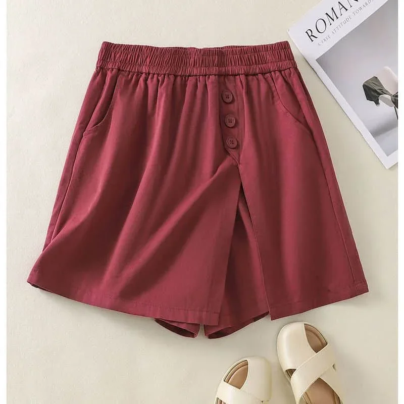 

Pop Solid Shorts Women Casual Loose Wide Leg Shorts Safari Style Fake Two Pieces Elastic Waist Culottes Streetwear Women Clothin