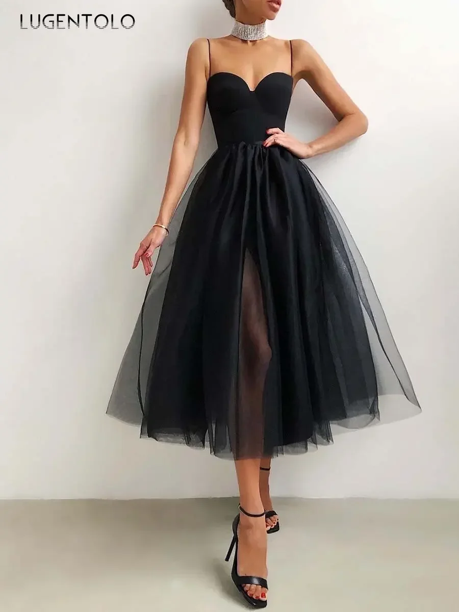 Damska sukienka księżniczki letnia seksowna bez rękawów siateczkowa impreza damska wąska gaza duża huśtawka Spaghetti odzież z paskiem