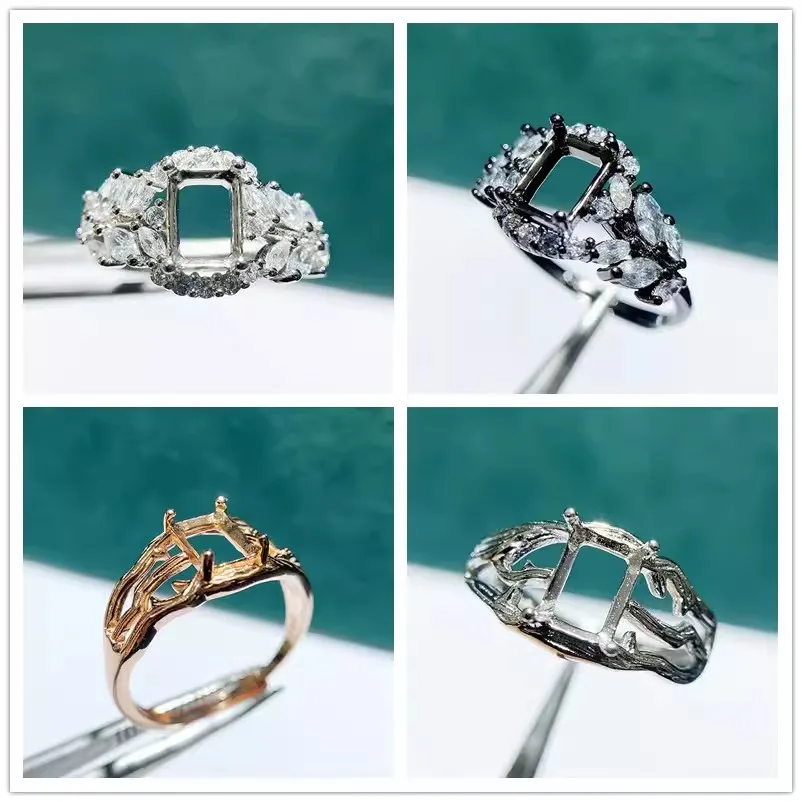 MeiBaPJ 4 Colors 5*7 Rectangle Stone 925 Sterling Silver Ring Holder DIY Empty Support for Women Fine Charm Jewelry