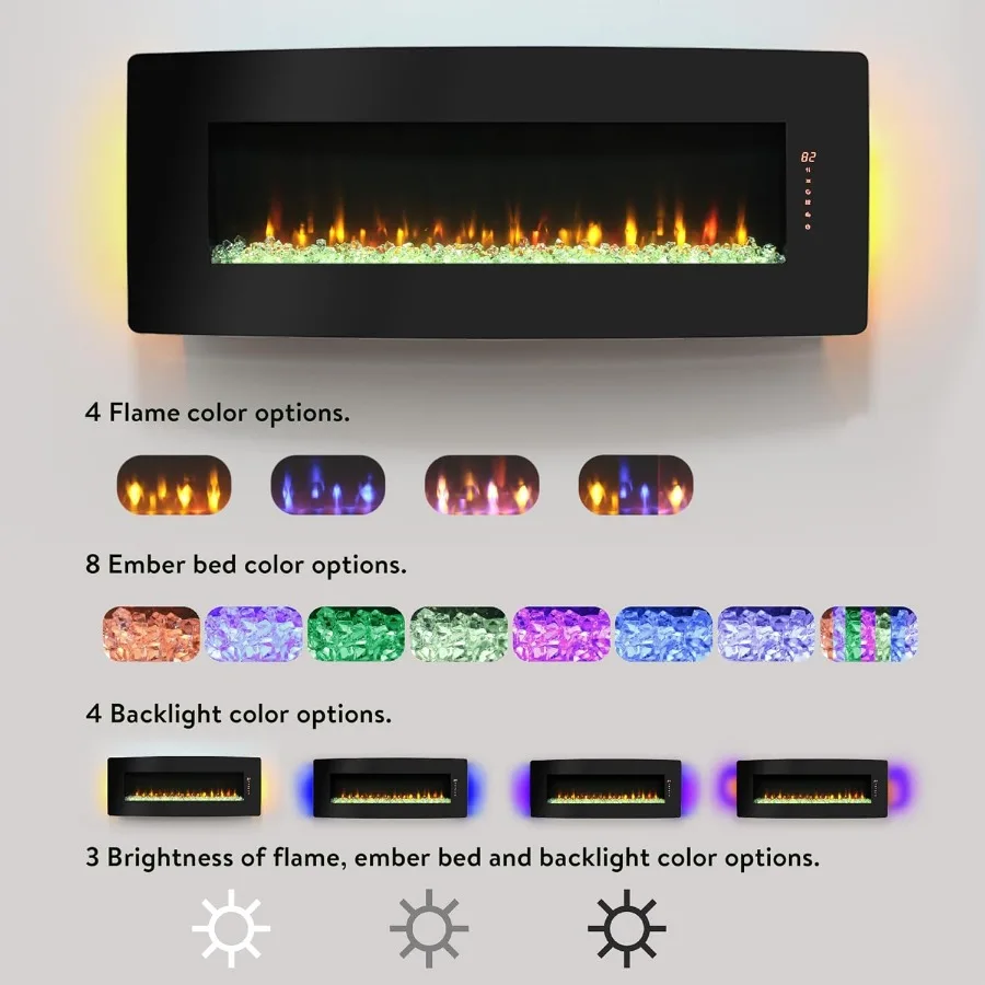 48 Stufa per camino elettrico in vetro curvo con retroilluminazione per soggiorno, montaggio a parete o design da tavolo, fiamma regolabile ed E