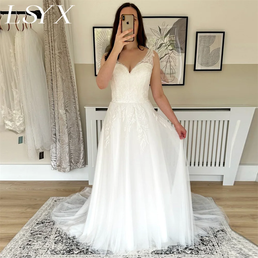 LSYX Sweetheart senza maniche Appliques Tulle a-line abito da sposa bianco 2023 cinghie Lace Up Back abito da sposa su misura