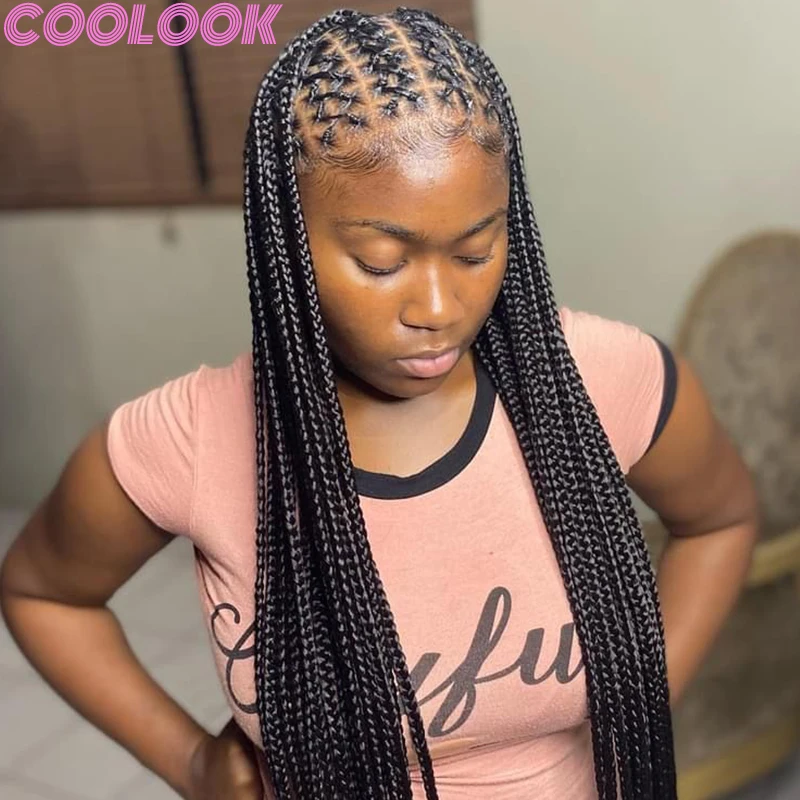 Ombre Brown Synthetic Full Lace Braided Wigs 36 Inch Square Part Braids Lace Frontal Wig Criss Cross Braid Goddess Faux Locs Wig