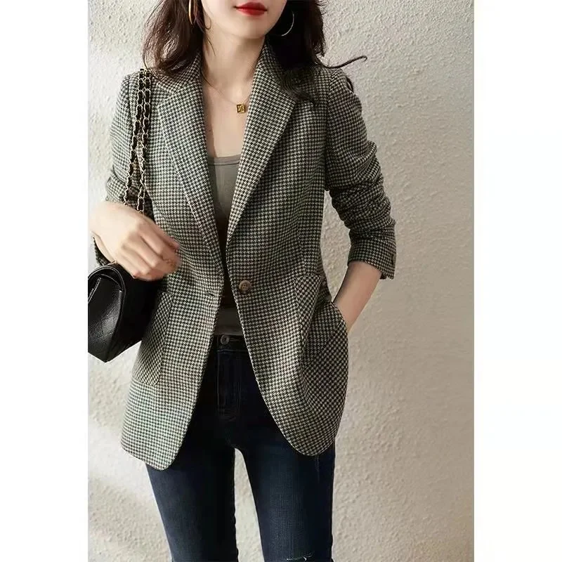 2023 Spring Autumn New Fashion Foreign Style Design Sense Thick Suit British Style thin Thousand Bird Grid one Button Coat Tide