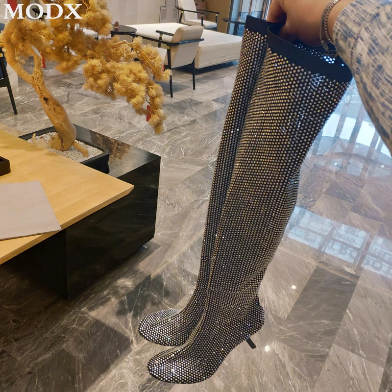 

High Quality Luxury Rhinestone Over The Knee Boots Diamonds Bling Sexy Slim Cowhide Sock Boots Fashion All-match Runway Shoes