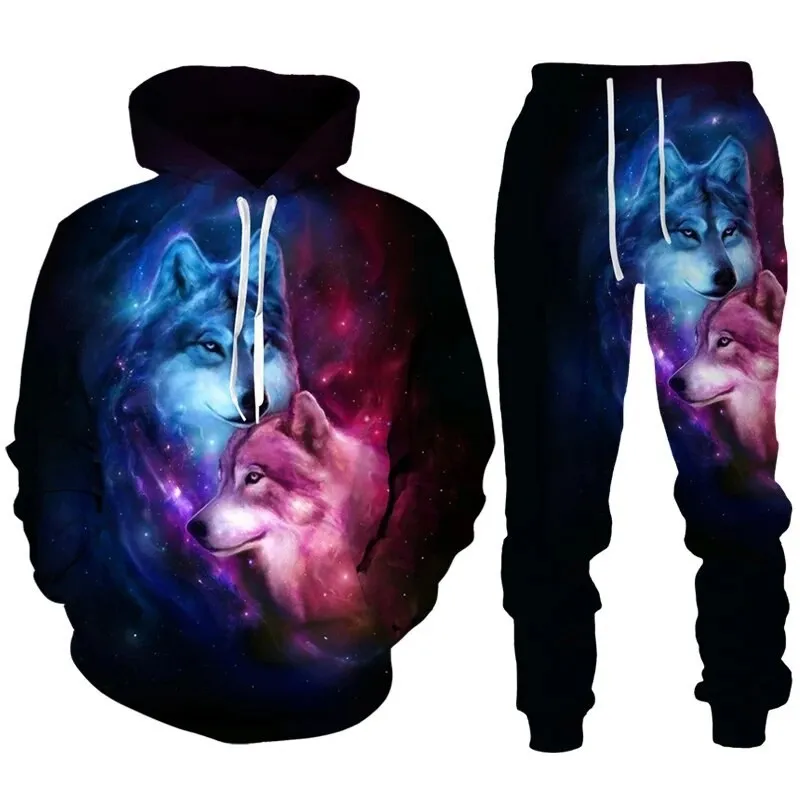 Nuovi uomini animale lupo felpa con cappuccio stampato maschio autunno casual felpa pantaloni sportivi pullover uomo tuta set abbigliamento da uomo vestito