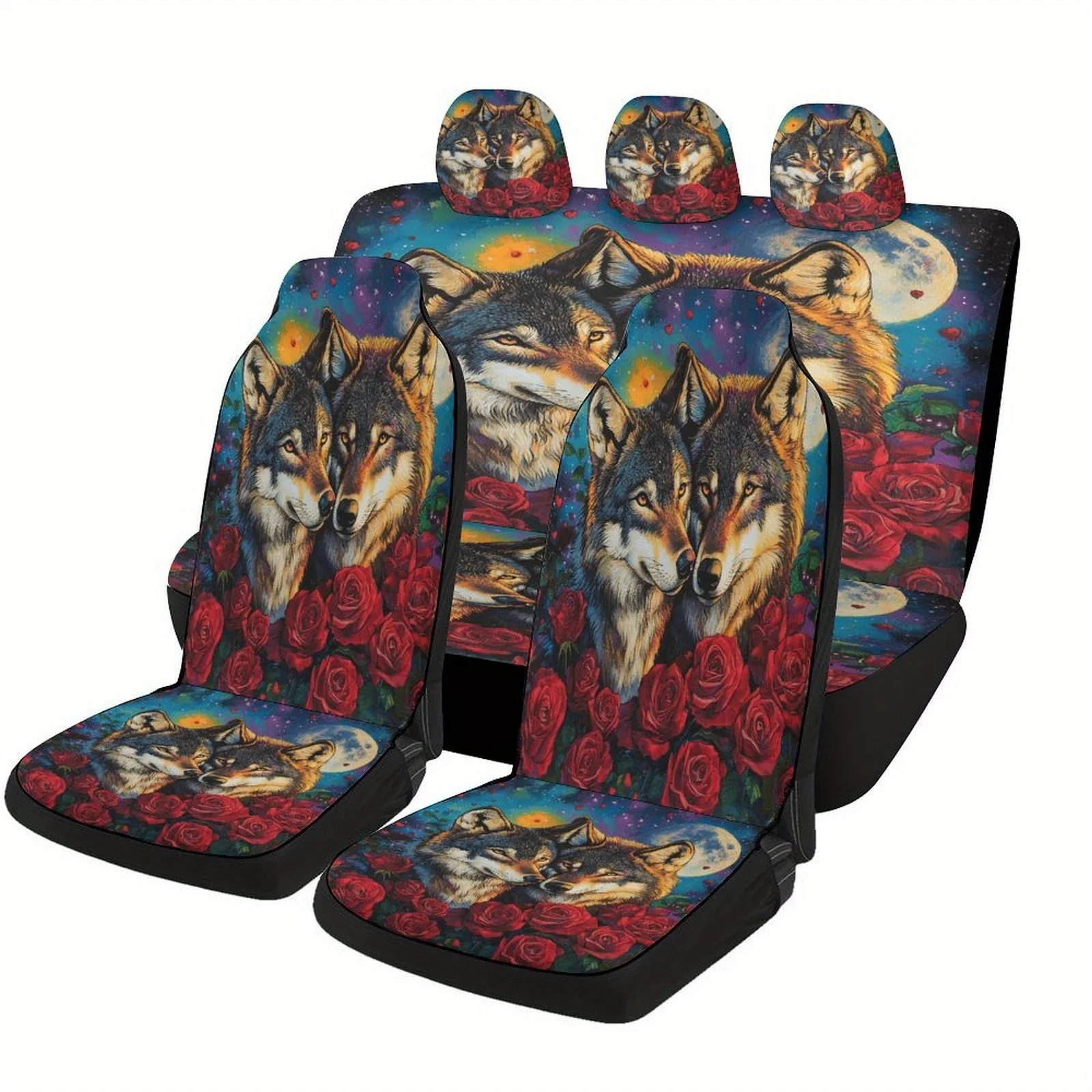 Wolves In Roses Designed Car Seat Cover Set For Most Cars, Fashion Novelty Car Seat Protector Covers Full Set, Universal Car Se
