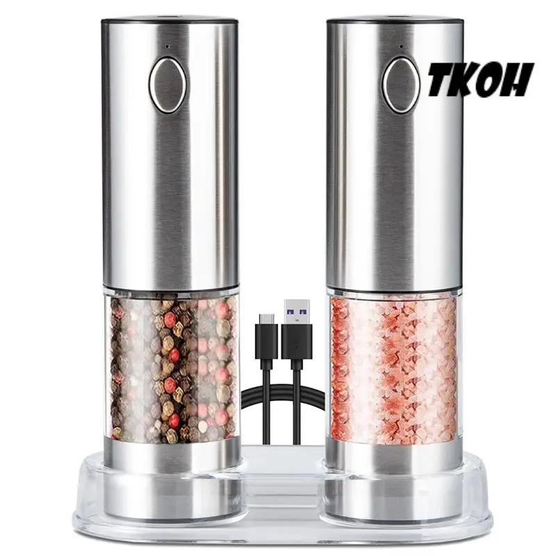 

TKOH-Electric Salt Pepper Grinder Set USB Rechargeable Adjustable Coarse And Fine Spice Grinder Kitchen Tools