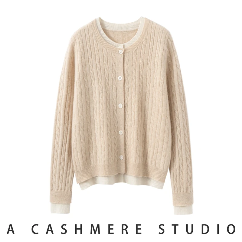 Suéter de cachemira para mujer, cárdigan, Otoño Invierno, 100% de punto de Cachemira, artículo esencial, ropa falsa de dos piezas con cuello redondo, Top