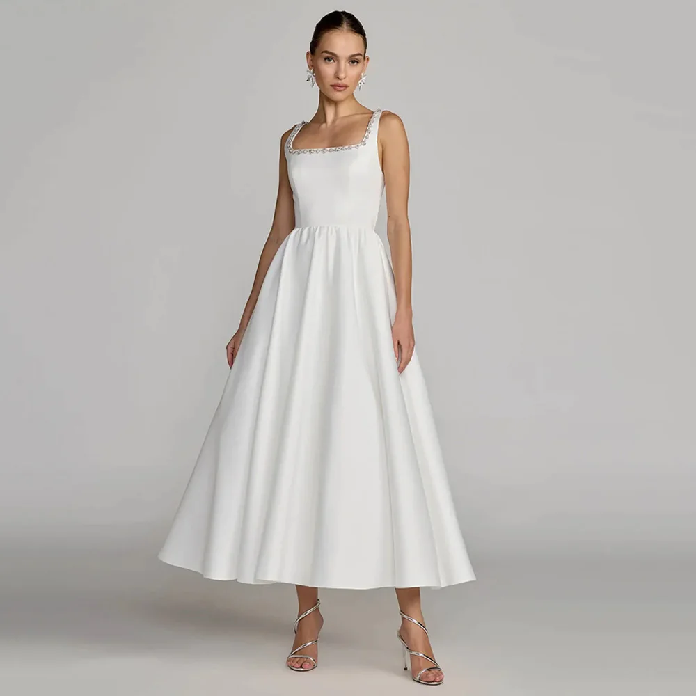 Bürgerliches Hochzeitskleid, maßgeschneidert, quadratischer Ausschnitt, ärmellos, mit Perlen verziert, A-Linie, Satin, Brautkleid für Damen, Vestido De Noiva