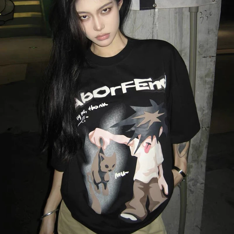 American Street Fun Cat Print Short Sleeve Shirts Loose T-Shirts for Men and Women Trendy Y2K Clothes Hip Hop Shirts for Women