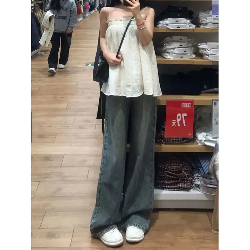 Abiti vintage giapponesi denim donna dritto baggy Y2K nero moda coreana stile Harajuku streetwear vita alta gamba larga