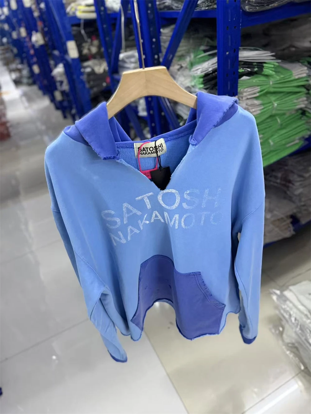 Vintage SATOSHI Letter Print Washed Hole Design Hooded Sweatshirt High Street Casual Loose Cotton Versatile Simple Trendy Sports