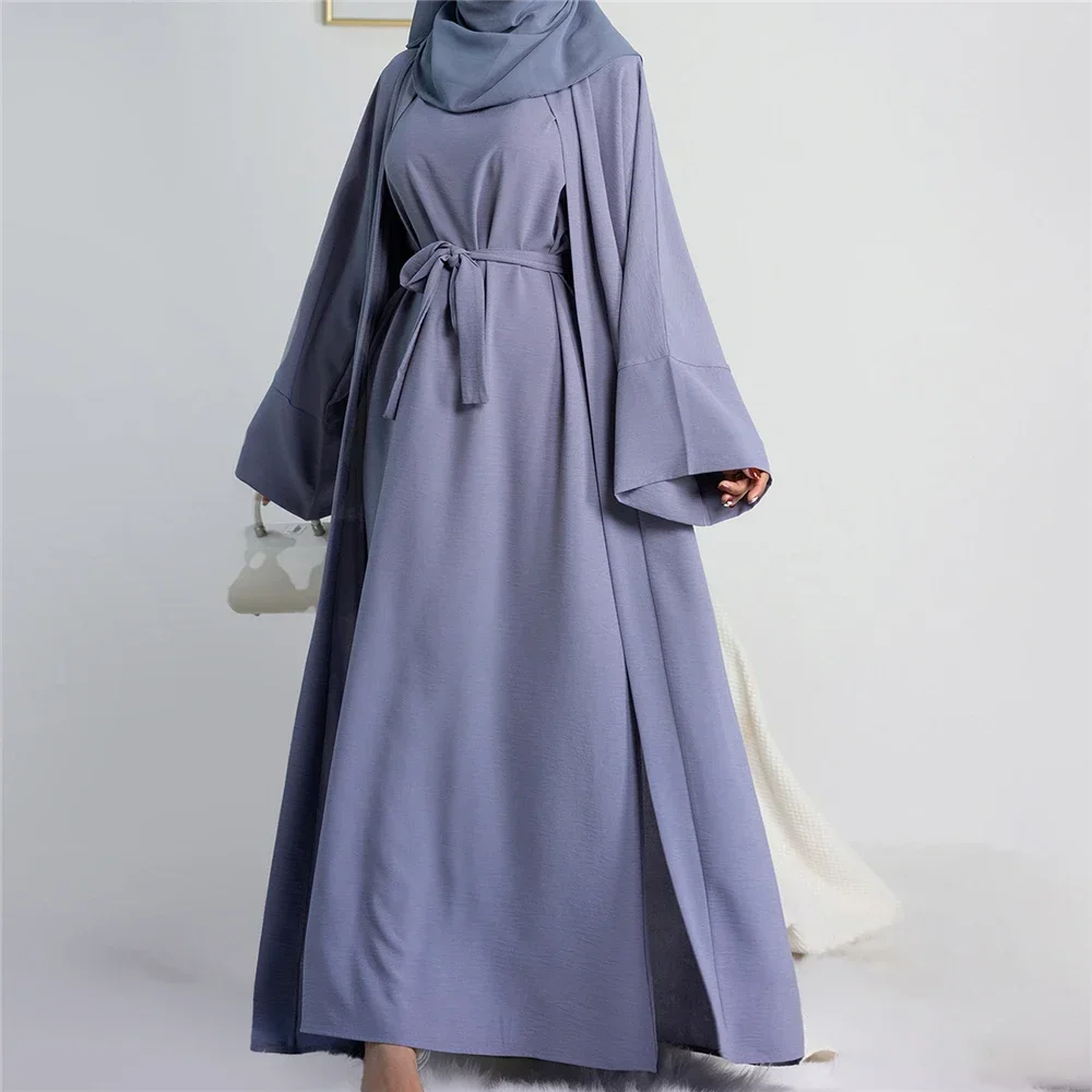 2 Piece Ramadan Open Abayas Dubai Sets Muslim Women Kimono Sleeveless Dress Set Turkey Islamic Arab Cardigan Caftan Robe Outfits