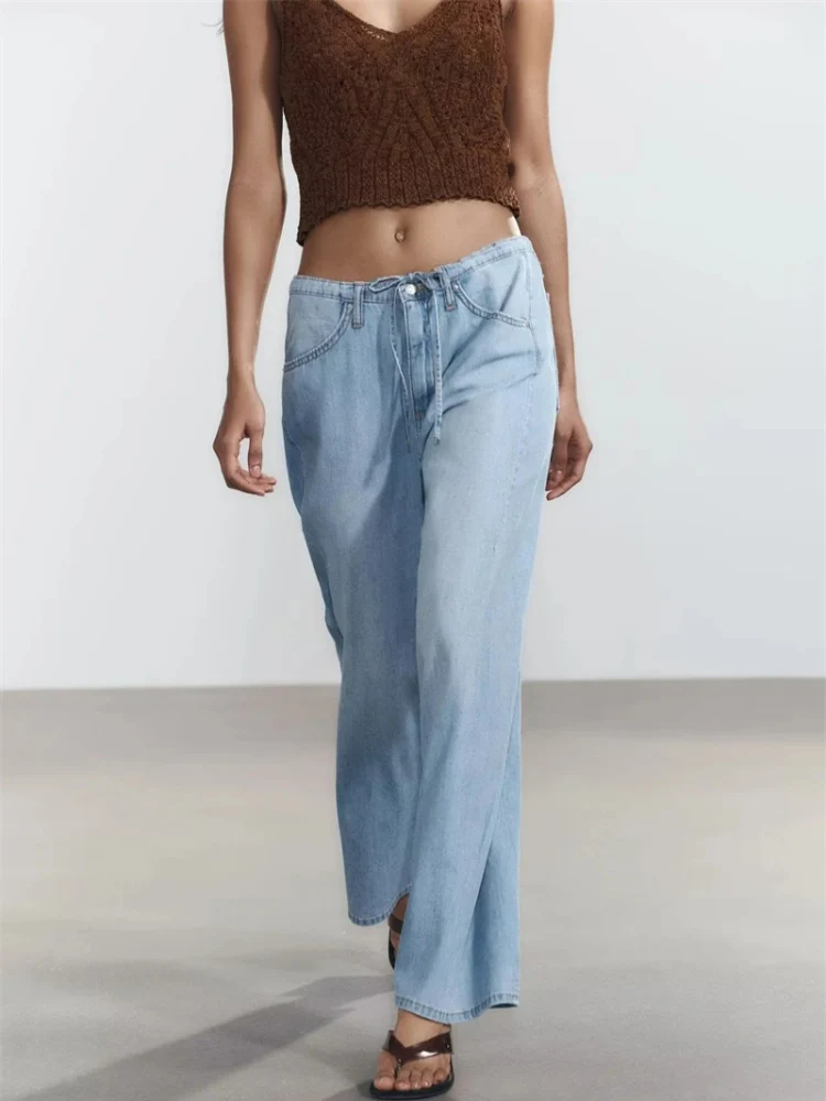 

New Summer Women's Casual Sle Waed Tie Waist Straight Leg Jeans Durable Comfortable Straight Pants Pure Color Long Trousers