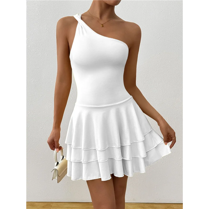 【SEE】Mini abito da donna a trapezio senza maniche con volant arricciato e monospalla