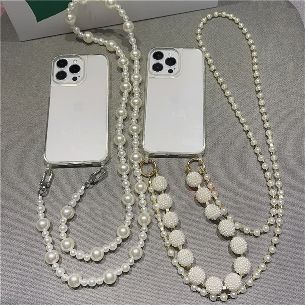 Pearl Bead Necklace Crossbody Phone Case for iPhone 15 Plus 14 13 12 11 Pro Max Mini X XR XS 7 8 SE Transparent Shockproof Cover