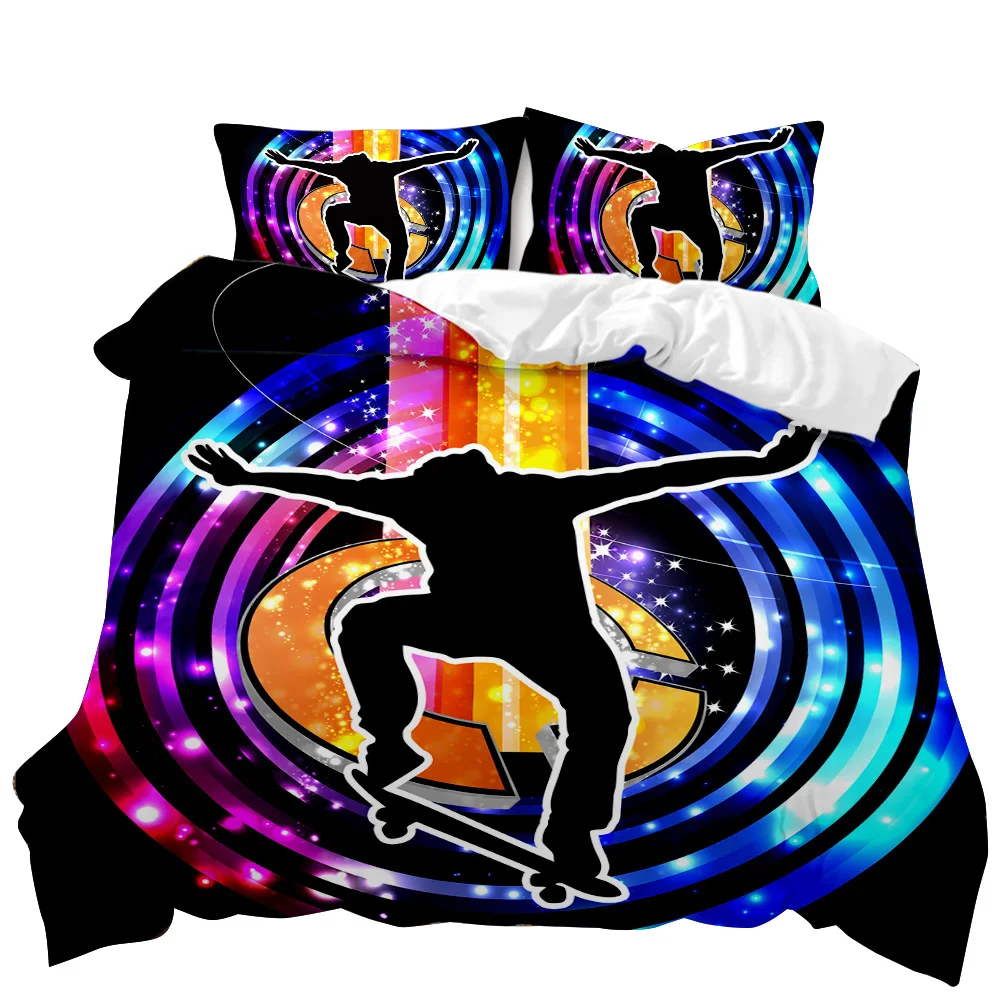 Skateboard Duvet Cover Set Hip Hop Style Bedding Set Colorful Rainbow Tie-Dye Hippie Abstract Graffiti Art Polyester Qulit Cover