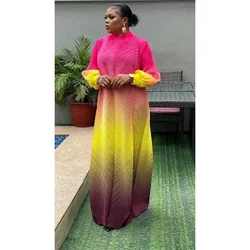 Miyake Pleated Skirt Maxi Dress Gradient Lantern Sleeves Half High Collar Women's Plus Size Long Formal Dress 2024 New Item