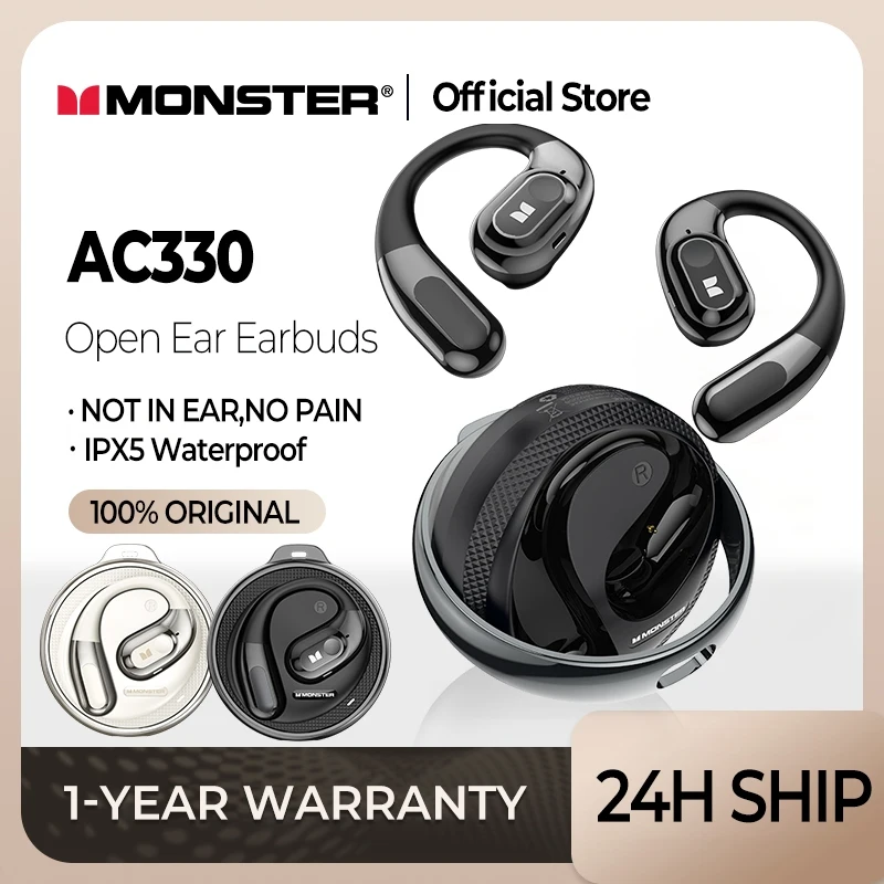 Monster-AC330 Fones De Ouvido Bluetooth com Microfone, Fone De Ouvido Sem Fio, Chamada IPX5 À Prova D' Água, Fones De Redução De Ruído, 8H Playtime, 5.4, OWS