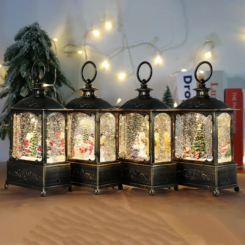 Christmas Snow Globe Lantern Music Box Swirling Glitter With Light Decorations Santa Claus Music Box Ornaments Kids Gift Toys