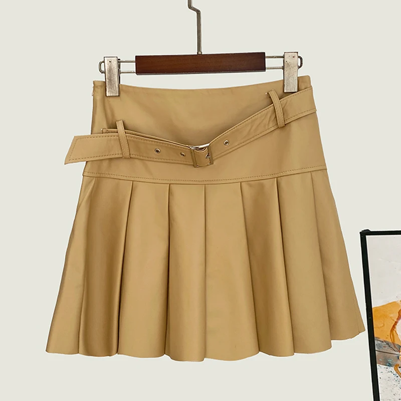 

High Waist Pleated Skirts for Women 2025 Fall New Real Leather Skirt Fashion Streetwear Female Slim Belt Short Sheepskin Skirts