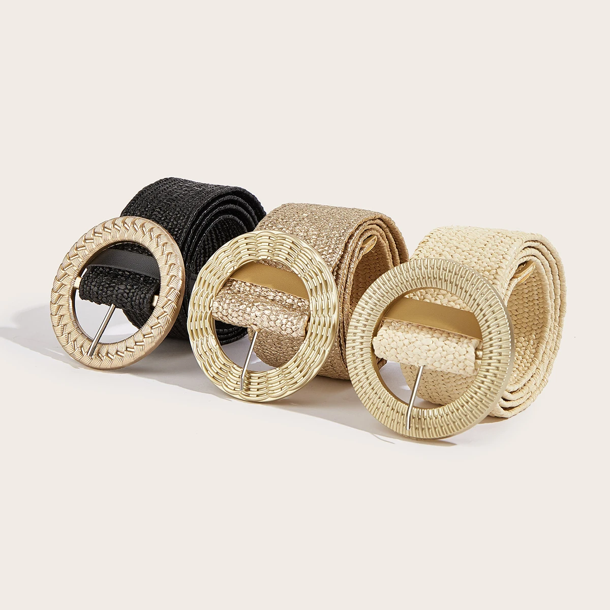 Modischer Damen-Gürtel aus goldenem PP-Stroh, lässiger Bohemian-Stil, breiter Gürtel, Sommer-Flechtgürtel mit Schnalle, elastischer Stroh-Taillengürtel für Damen