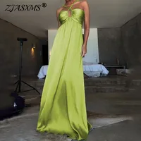 Nuevo vestido de fiesta elegante de Color sólido con espalda descubierta, vestido largo plisado de satén con agujeros, vestido Sexy de cintura alta con cuello Halter para vacaciones para mujer