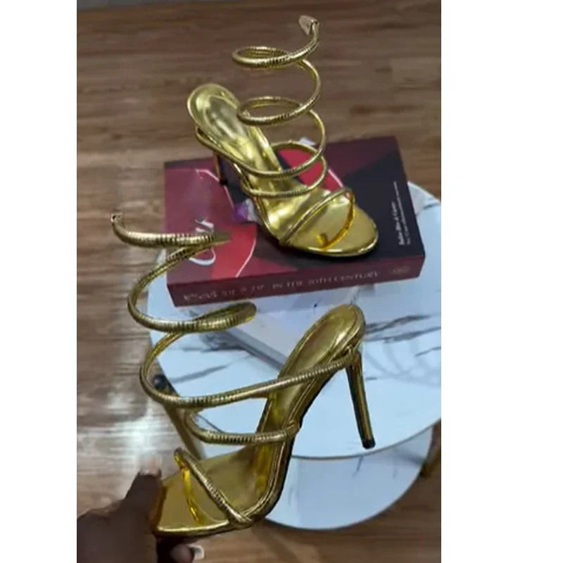 

Gold Snake-Shaped Wrapped Ankle Stiletto Sandals Woman Summer 2026 Open Toe High Heels Wedding Bridal Shoes Fashion Luxury Pumps