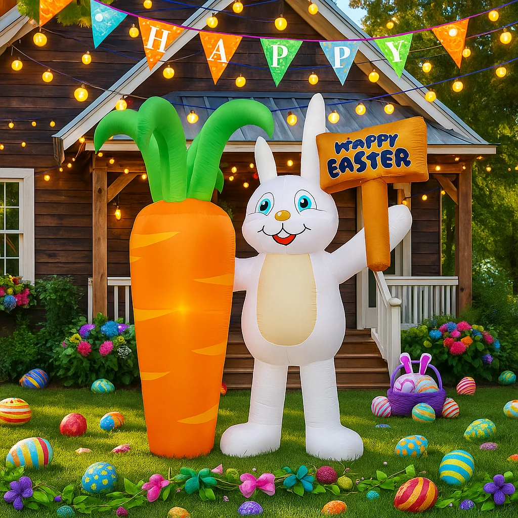 6FT Happy Easter Inflatable Rabbit With Carrot Road Signs Decor Glowing LED Lighted Airblown Yard Ornament Easter Inflatable
