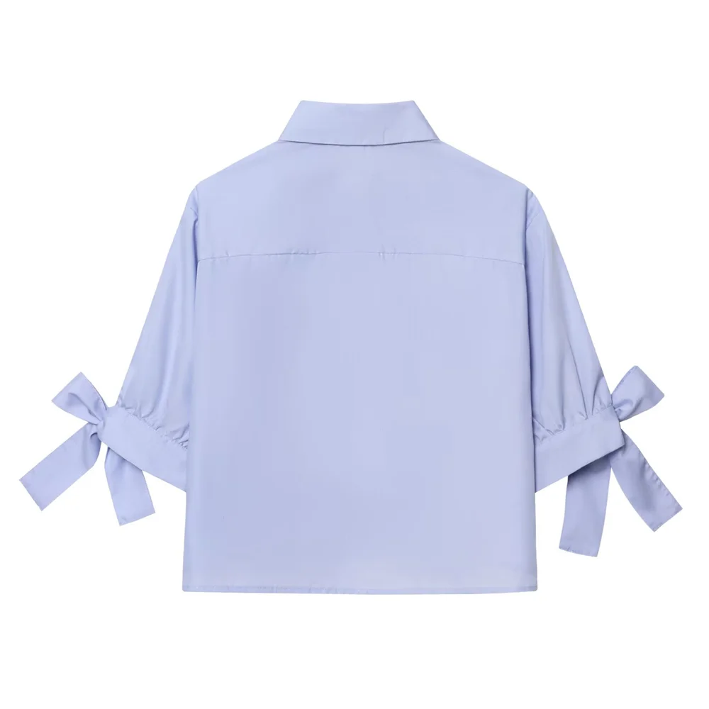 women's summer new fashionable slim fit versatile short style with a single lapel and bow decoration shirt