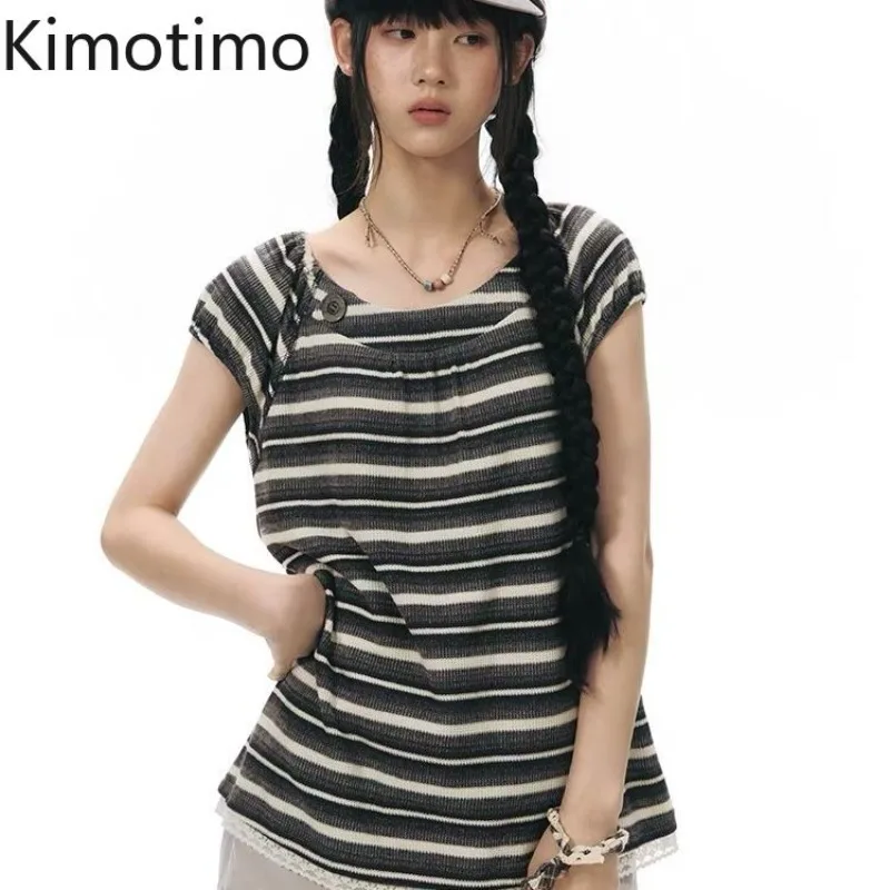 Kimotimo American Retro Striped Lace Patchwork Short Sleeve T-shirts Women Summer Fashion Y2k Aesthetic Loose Tops Harajuku Tees