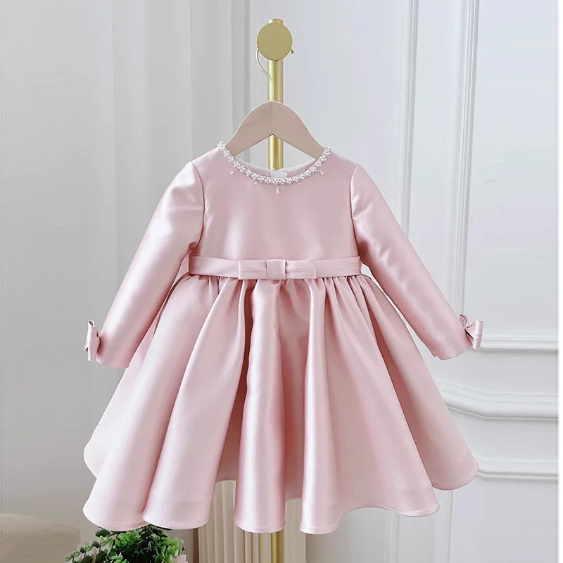 Baby Kids Princess Satin Bow Pearls Sash Flower Girl Dress Children First Communion Dress Ball Gown Wedding Party Dress Birthday