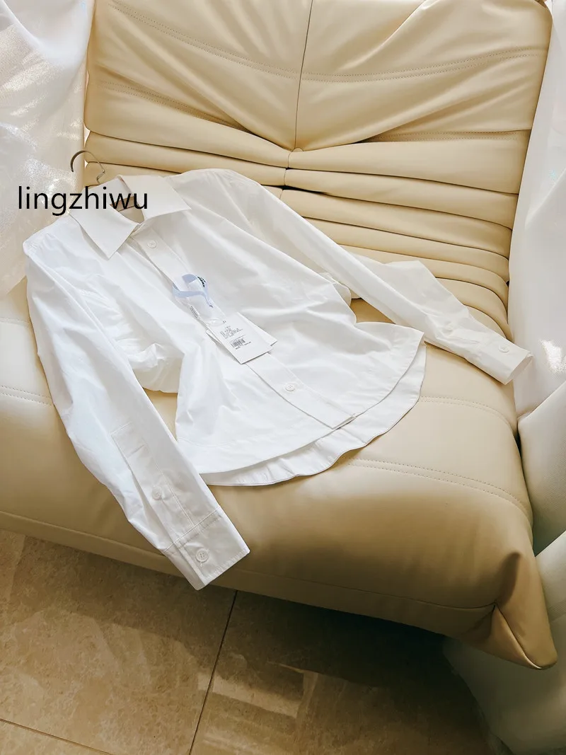 

lingzhiwu Cotton Blouse French Design Three-Dimensional Folds Waist Dropped Shoulder Vintage Elegant Top Quality White NewArrive