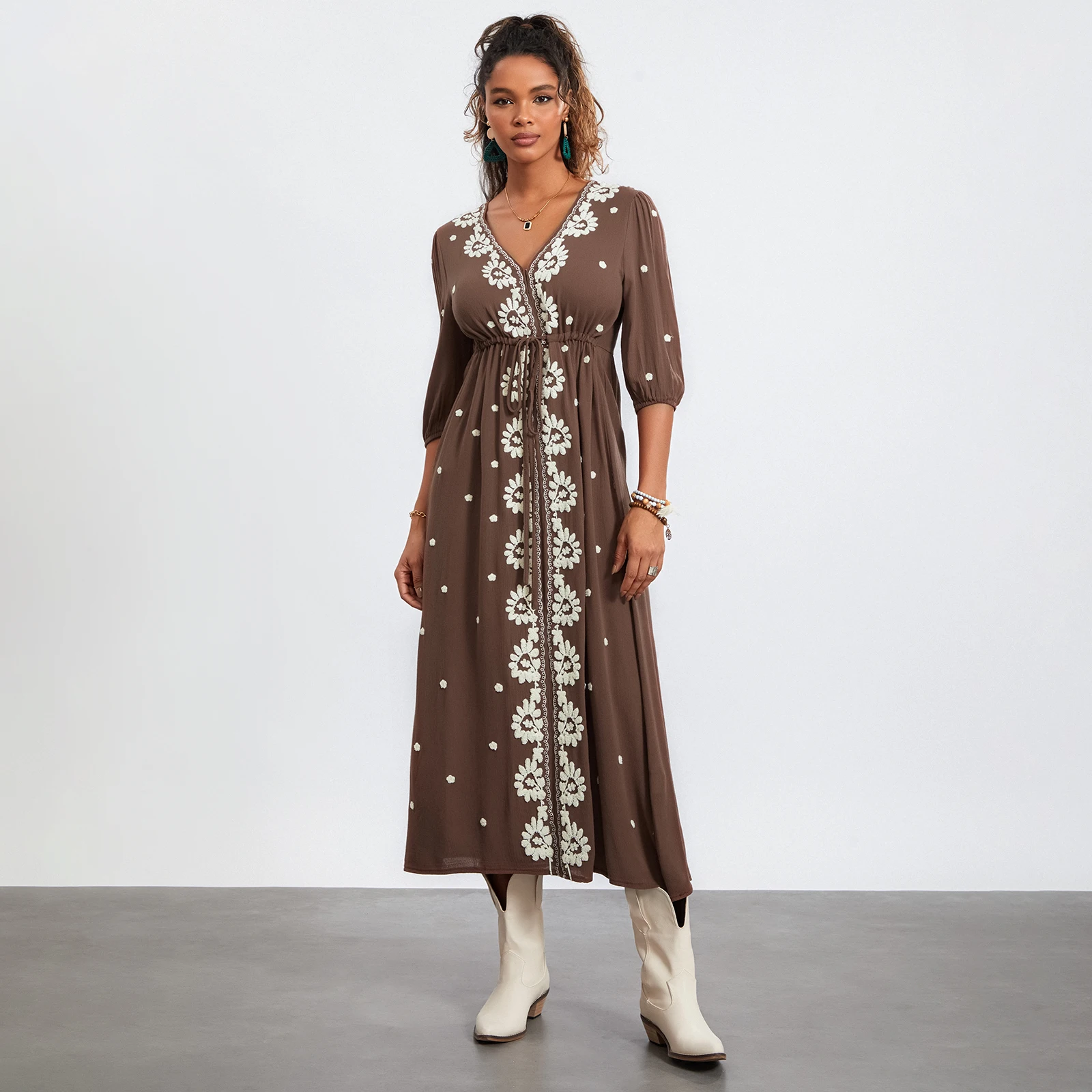 New Fashion Womens Summer Embroidered Dress 3/4 Sleeve V-Neck Tie Tunic Waist Long Dress For Beach Party Streetwear Hot Sale