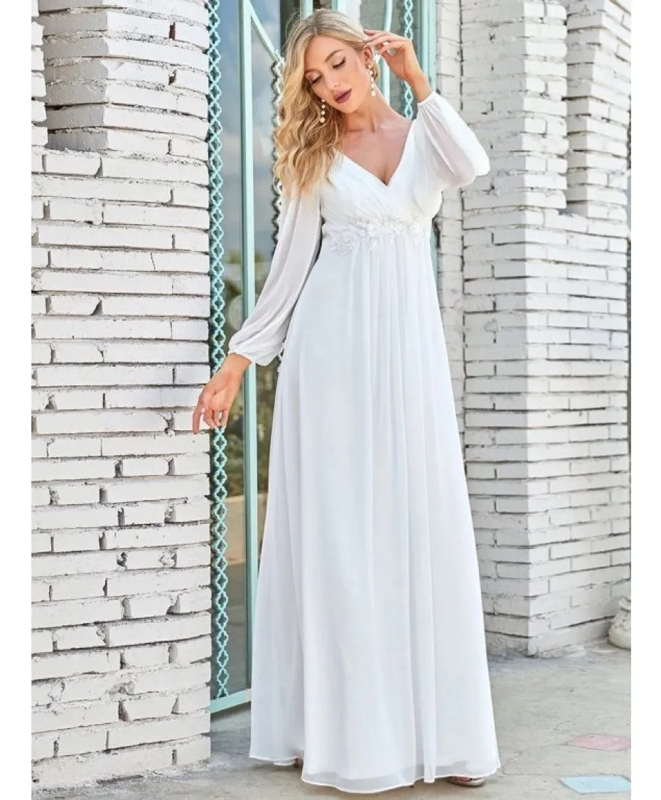 

Summer Long Dresses With Sleeves V-Neck Hollow Tulle Full Sleeve Applique Empire Wedding Dress Pleated A-Line Party Vestido