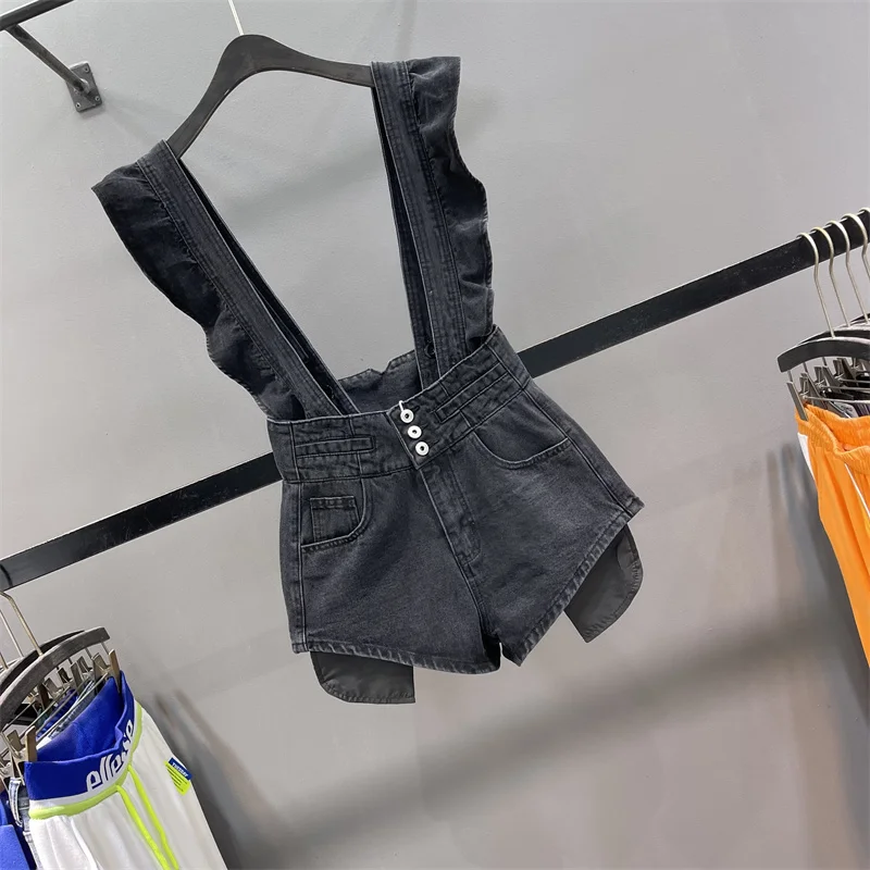 Mono vaquero de cintura alta con efecto antienvejecimiento, plones cortos de verano para mujer con bolsillos, jeans de pi...