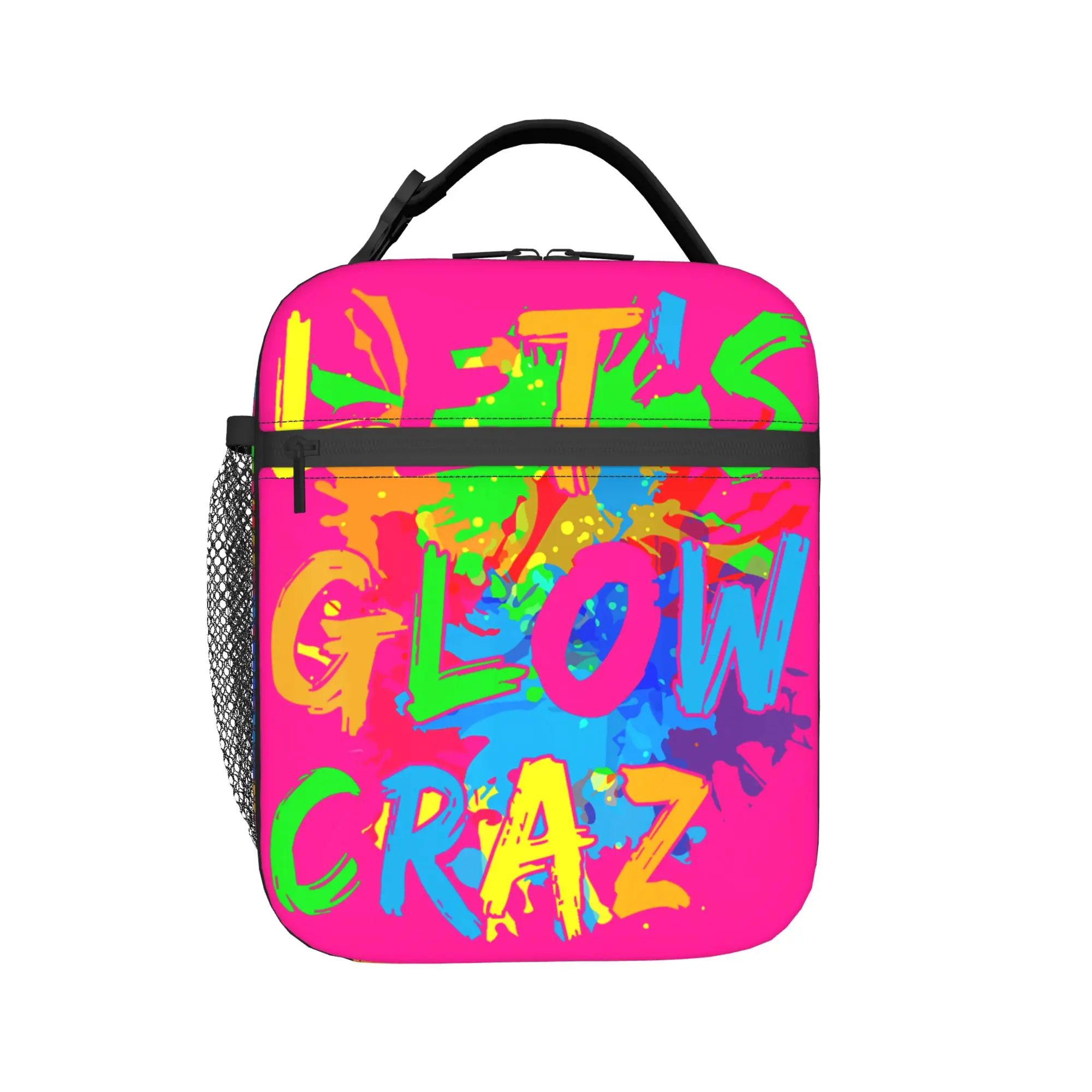 Party 80s Group Team Lets Crazy Colorful Quote Glowing Lunch Bag Travel Lunch Box For Child Graphic Thermal Tote Cooler Bag