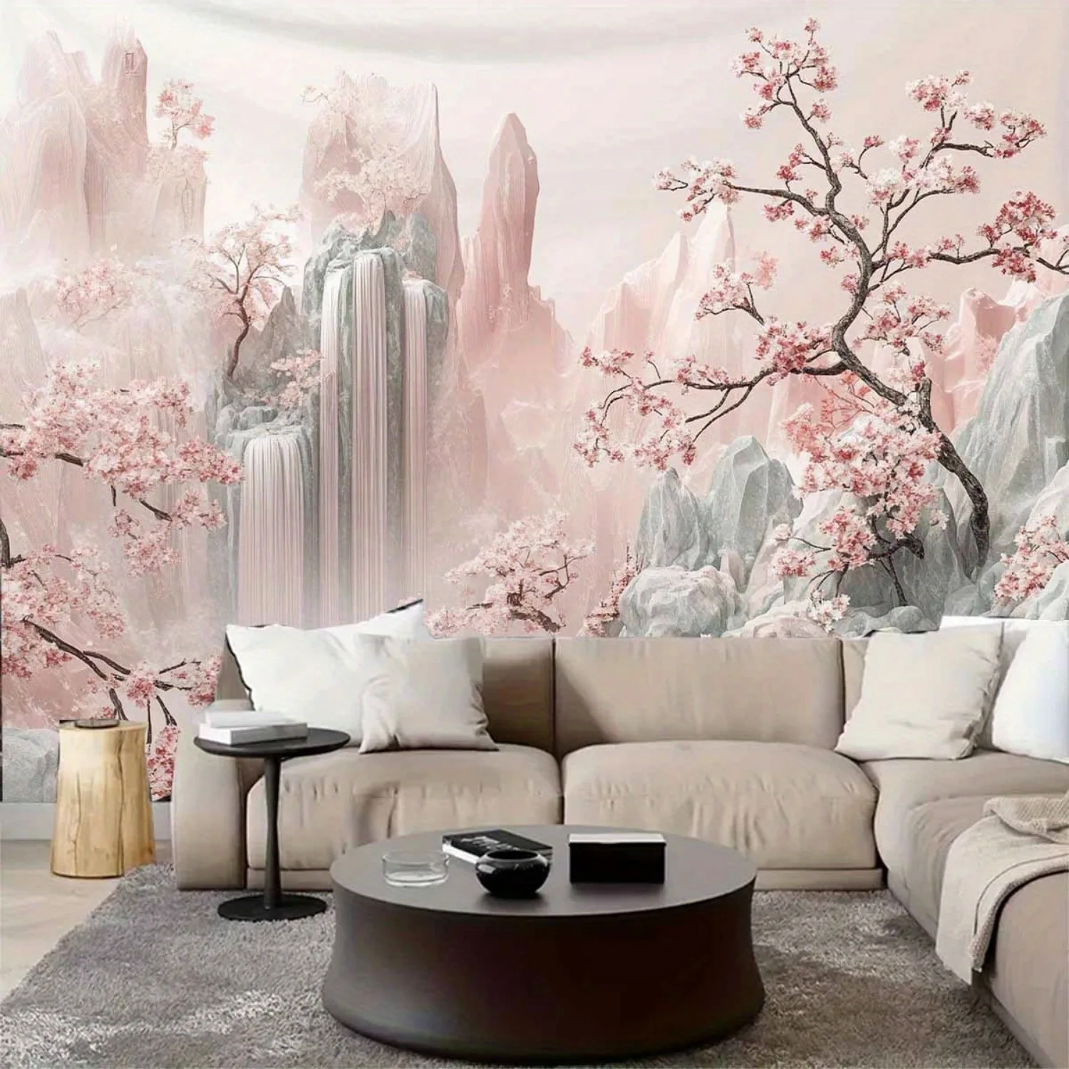 Cherry Blossom Waterfall Tapestry -Dacron Wall Art for Living Room, Bedroom, Home Office Decor - No Power Needed, Party, Classic