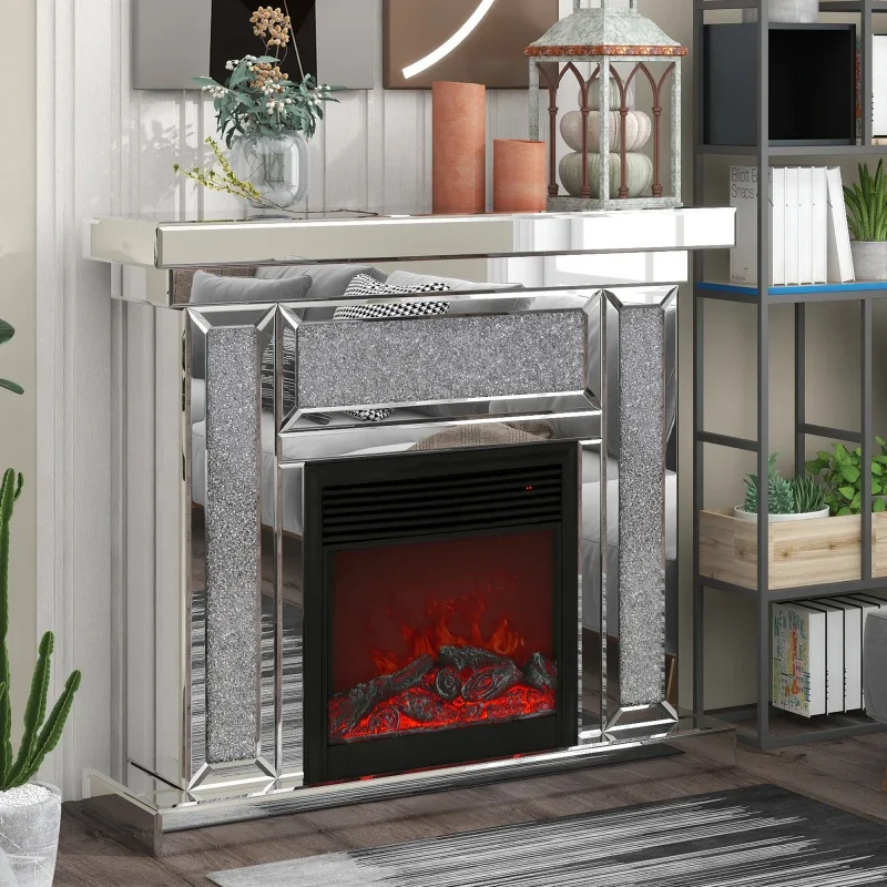 

47in Mirrored Electric Fireplace, Fireplace Mantel Freestanding Heater Firebox with 3D Flame,1500 W Electric Heating Furnace